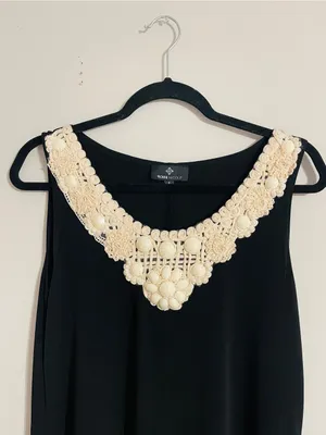 Vintage 90s Ronni Nicole Sleeveless Black Shift Dress Crochet Beaded Collar Sz 8 thumbnail 2
