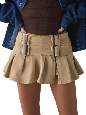 UO BDG Double Trouble Belted Denim Micro Mini Skort Urban Outfitters Tan/Beige L thumbnail 1