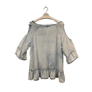 Signature Studio Chambray Cold Shoulder Ruffle Tunic Top Plus 1X thumbnail 6