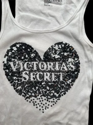 vintage Victoria's Secret White Tank Black Sequin Heart super model essentials L thumbnail 1