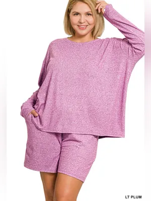 NEW!LAST One Plus Size Long-Sleeve Lounge Top & Shorts Set - Light Plum Size 2X thumbnail 1