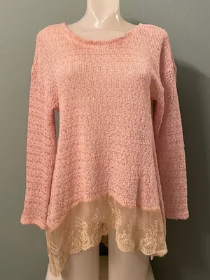 A’reve Blush Pink Lace and Ribbon Sweater Anthropologie thumbnail 1