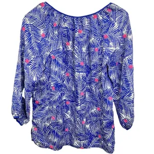 Vineyard Vines Silk Blouse Top Blue Pink Palm Print Long‎ Sleeve S Embroidered thumbnail 4