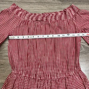 Old Navy Cotton Blend Dress S Red Gingham Smocked Off Shoulder Tiered Midi Dress thumbnail 6
