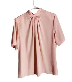 Vintage Anna Kriste Blush Pink Pleated Mock Neck Short Sleeve Blouse Size 18 thumbnail 2