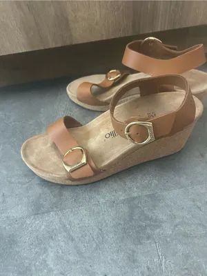 Birkenstock Soley Ring Buckle Wedge Sandals Natural Leather Cognac 39 8-8.5 thumbnail 4