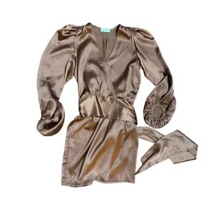 DRESS‎ FORUM Satin Bronze Brown Ruched Sleeve Wrap Mini Dress Sz S thumbnail 9