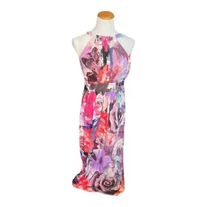 Womens Eliza J Floral Pastel Watercolor Chiffon High Neck Halter Maxi Dress - 2 thumbnail 3