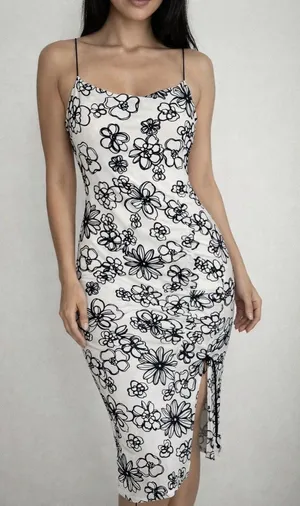 Cider off White Midi Dress Black Floral Print side slit bodycon size small NWT thumbnail 1