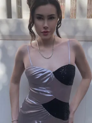 Hailey Logan Lavender Satin Slip Dress with Black Sequin Panels thumbnail 1
