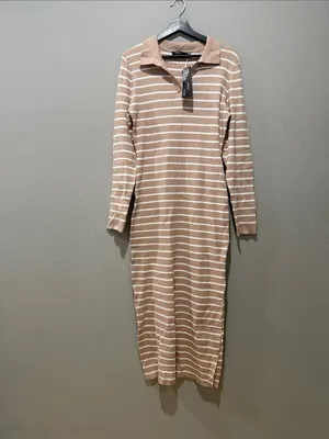 Mirol Tan Stripe Ribbed Collar V Neck Long Sleeve Fitted Midi Dress Size XL thumbnail 2