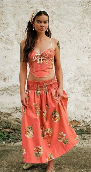 Free People Luca Printed Bustier Corset Top & Midi Skirt Vintage Set M thumbnail 1