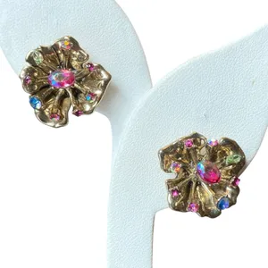 Betsey Johnson Blooming Flower Iridescent Rhinestone Blues Greens Earrings Fairy thumbnail 1