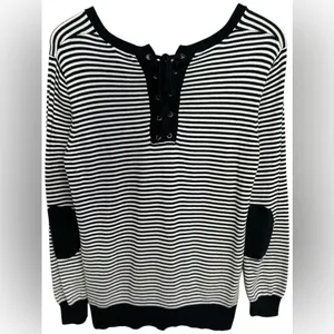 DownEast Women’s Black White Striped Lace Back Elbow Patch Nautical Sweater Med‎ thumbnail 2