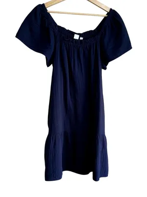 GAP cotton short sleeved knee-length navy dress‎ pockets women's M ruffle detail thumbnail 1