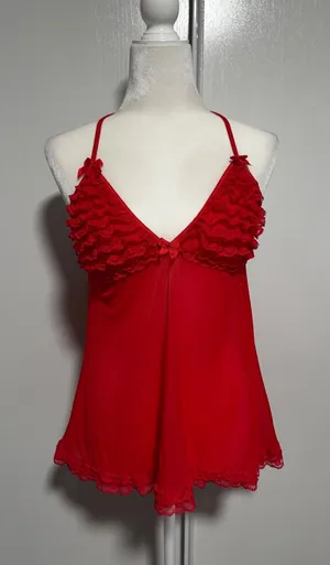 Vintage Red Lace Ruffle Trimmed Babydoll Lingerie Women's Cami Top size‎ Small thumbnail 1