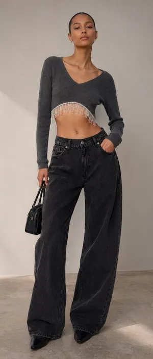 Zara Rhinestone Fringe Crop Top Gray Ribbed Y2K Going Out Party Top Size L thumbnail 1