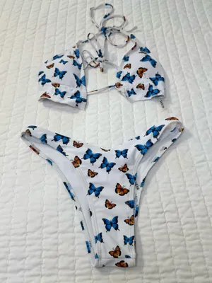 SHEIN White Bikini Set of Two with Blue & Orange Butterfly Print Size S thumbnail 1