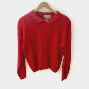 80s Vintage Red Angora Silk Sweater M Cable Knit Pearl Buttons Retro Twee Preppy thumbnail 5
