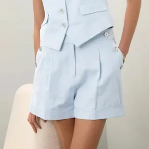 Michael Kors Blue Linen Trouser Shorts SIZE 10 Pleated Wide Leg Designer $125 thumbnail 3