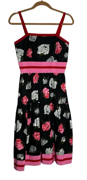 Vintage 60’s 70’s Posy Floral Print‎ Black White Pink Red A Line Midi Dress thumbnail 1