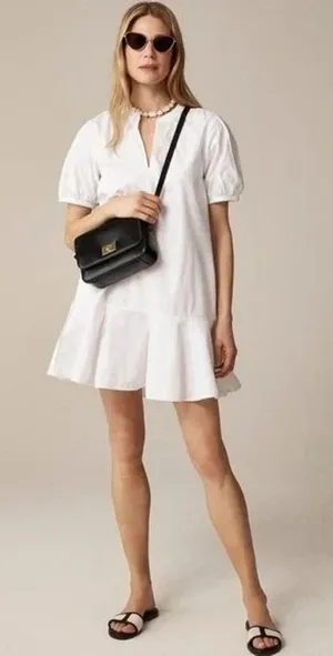 NWT!! J. CREW Delilah Dress‎ Cotton Poplin Solid White Mini Ruffle Small Tall ST thumbnail 1