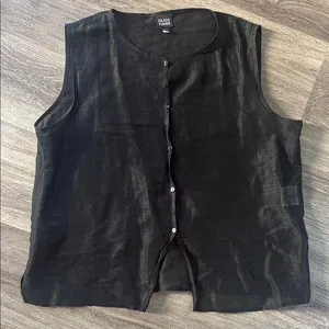 Eileen Fisher Black Sleeveless Top Medium Linen Silk Button Down Sheer Blouse thumbnail 1