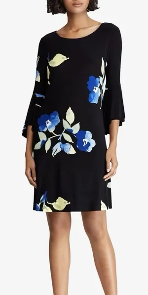 NWT‎ Ralph Lauren Blue Floral Black 3/4 Bell Sleeve Stretch Dress Size 8 thumbnail 1