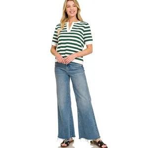 Zenana‎ Split Neck Stripe Short Sleeve Sweater - Hunter Green - Large thumbnail 3