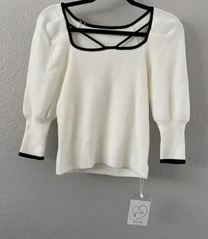 NWT Ribbed Puff Sleeve Sweater XS Preppy Feminine Girly Strappy Clean Girl thumbnail 1