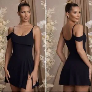 NWT Oh Polly Elegant Black mini Dress with off-shoulder design, size 6 thumbnail 2