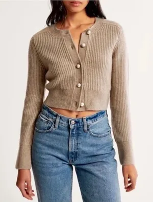 Abercrombie & Fitch Womens Cropped Ribbed Pearl Button Cardigan Sweater Taupe S thumbnail 1