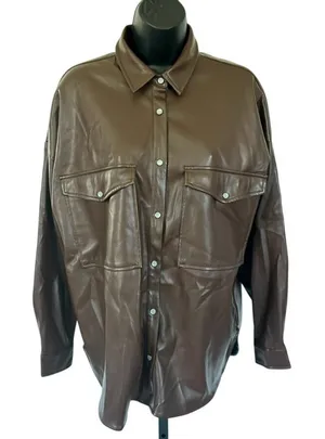 Acoa Faux Leather Shacket Sz S Brown Pearl Snap Western‎ 90's Baggy Oversized thumbnail 1