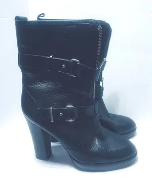 Coach Black Pebbled Leather Moto Boots Double Buckle Platform Block Heel Sz 10B thumbnail 1