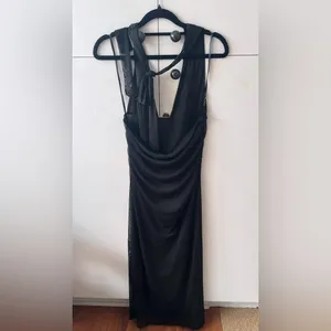 Caroline Constas Black Silk Halter Deep V Midi Dress Gold Bar Backless thumbnail 5