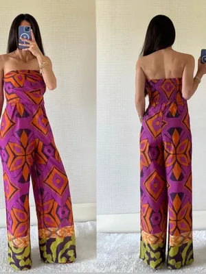 Zara boho Strapless Wide-Leg Jumpsuit in Magenta & Orange thumbnail 2