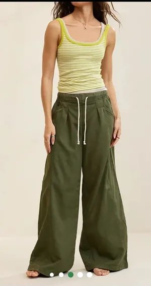 aerie Olive Green Wide-Leg Drawstring Pants Small thumbnail 1