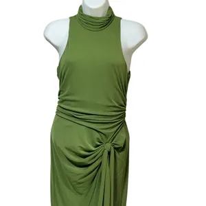 Olive Green Mock Neck Ruched Side Tie Midi Dress Sleeveless Mermaid Hem thumbnail 5