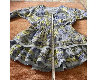 Aerie Blue Yellow Floral Ruffle Mini Dress XL Cotton Lace Trim Boho Style thumbnail 3