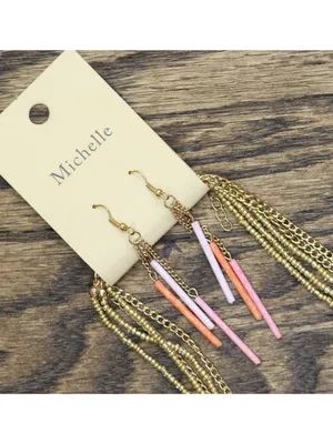 NWT Michelle Seed Beaded Dangly Earrings Necklace Set Gold / Pink 31" + 2" thumbnail 2