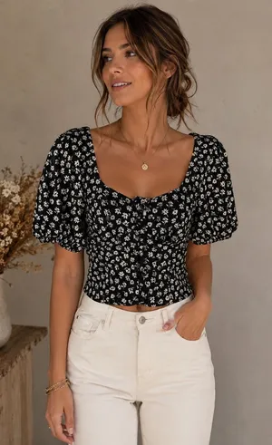 Free‎ People Floral Smocked Crop Top Cottagecore Coquette Boho XS thumbnail 1