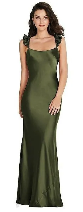 Social Bridesmaids Olive Green Satin Ruffle Flutter‎ Sleeve Maxi Dress XS 8219 thumbnail 1