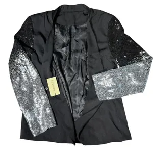 Ebossy Sequin Ombre Sleeve Blazer Womens Large Black Silver Glam Jacket thumbnail 5