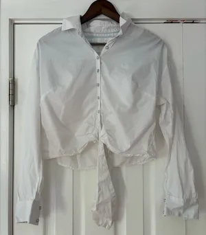 Anthropologie Maeve White Cotton Tie Button Up Shirt Size‎ 2 EUC thumbnail 1