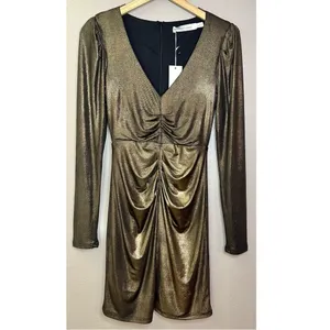 NWT Bishop + Young Luxe Metallic Long Sleeved Ruched Fitted Mini Dress Party thumbnail 7