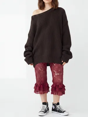 ROMWE Burgundy Grunge Fairy Sheer Lace Ruffled Bell Bottom Bloomer Pants cropped thumbnail 4