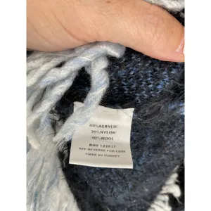 Arette Womens Cardigan Fuzzy Grid Plaid Fringe Zip Up Black Blue Large thumbnail 7