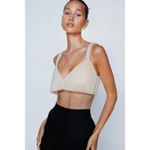Pearl Chain Beaded Women's White V Neck Sleeveless Cami Crop Top Size S / M thumbnail 2