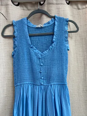 Light Blue Smocked Midi Dress V-Neck Button Front Ruffle Small thumbnail 9