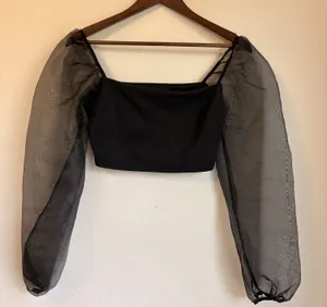 Lulus Black Square Neck Sheer Puff Sleeve Crop Top Size Small thumbnail 1